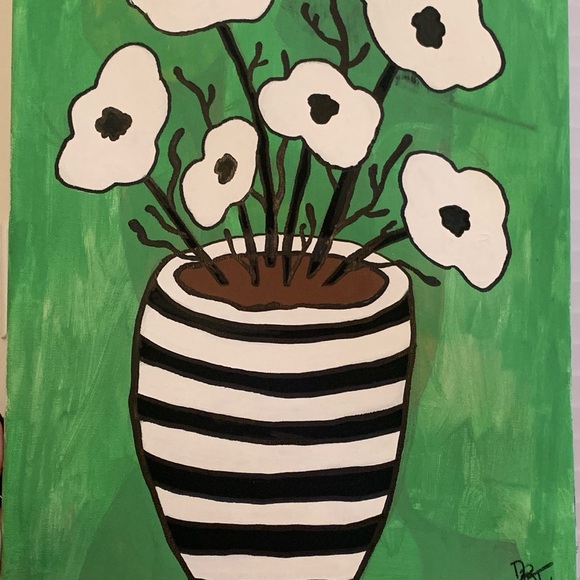 Other - Art by me size 16x 20 Vase Floral Painting - White & Black Flowers on Green